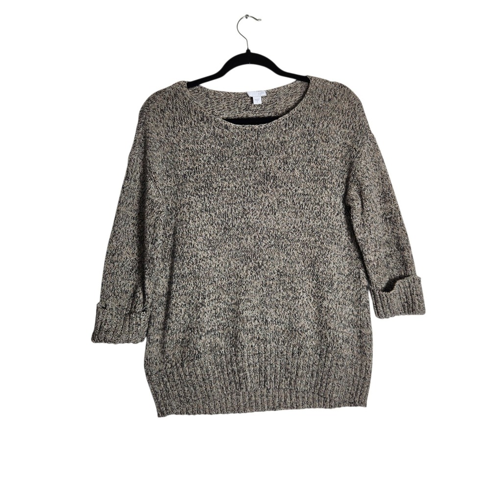 J. Jill Marled Knit Sweater Tan Black Scoop Neck 3/4 Sleeve Pullover Small